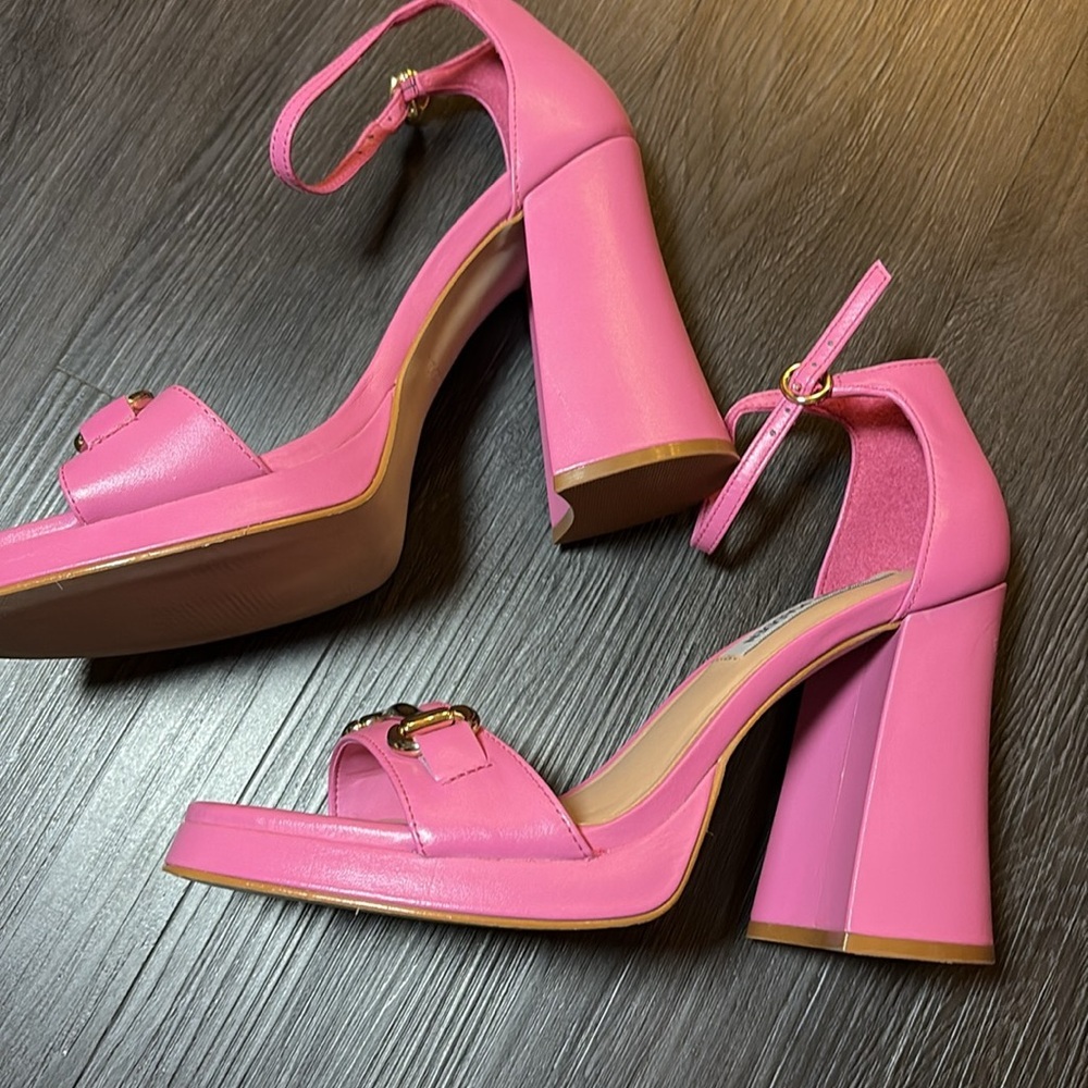 Steve Madden leather horsebit platform pink chunky square toe heels size 8.5 new - Picture 5 of 9